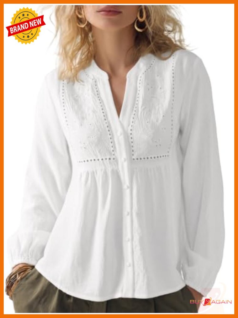 SUUKSESS Women's Flowy Boho V-Neck Button Down Blouse Long Sleeve